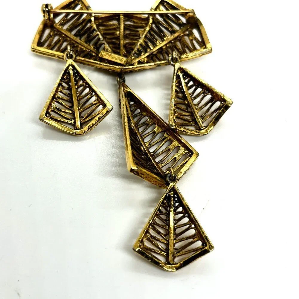 VINTAGE VENDOME BROOCH Articulated Gold Tone Modernist Geometric Dangle Pin